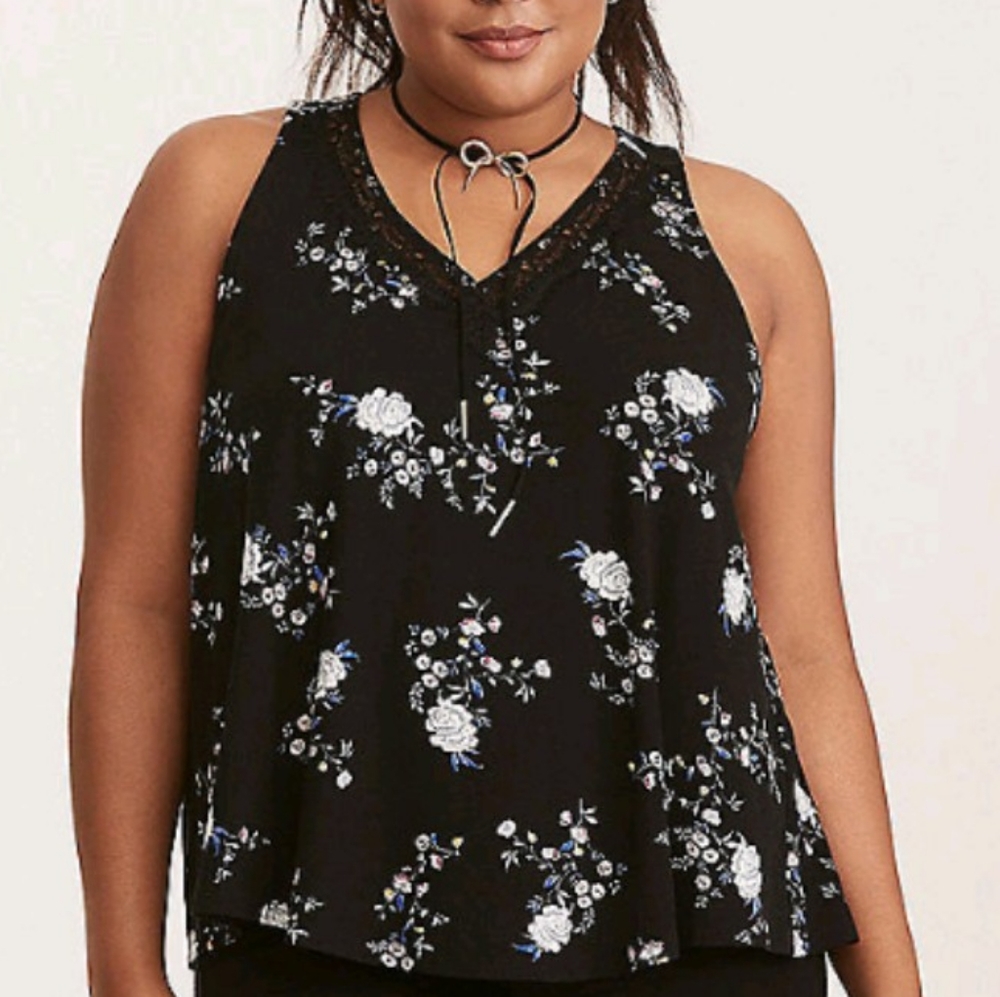 Floral Print Lace Trim Split Back Tank Top